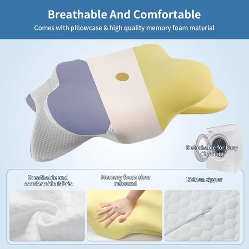 Vista 3 de Almohada ergonómica de espuma viscoelástica contorneada con tecnología de enfriamiento, diseño de soporte cervical (azul y blanco)