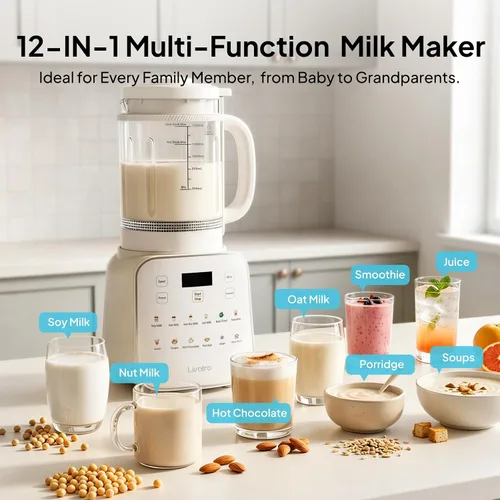 Vista 3 de Máquina para fabricar leche de nuez de 50.73oz: Máquina automática de leche de soja 12 en 1 con diseño desmontable, jugo casero, almendras, leches