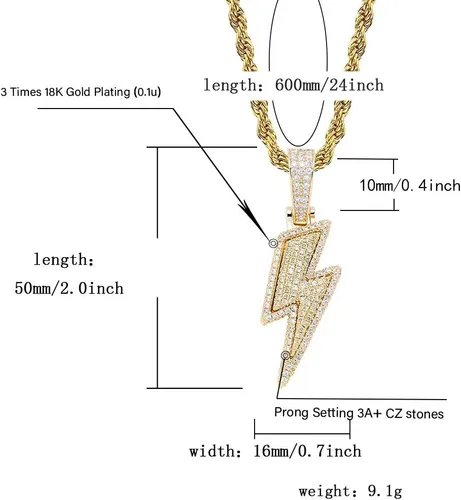 Vista 17 de JINAO Hip Hop - Colgante con diseño de rayo chapado en oro de 18 quilates con circonita cúbica con micropave de imitación de diamante para hombres