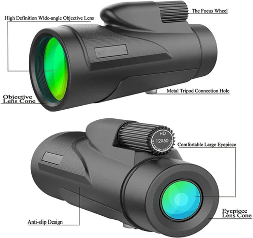 Vista 4 de Telescopio monocular de 12 x 50 con adaptador para teléfono inteligente y trípode, monocular para observación de aves, telescopio de observación