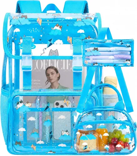 Vista 12 de Mochila transparente con tapa abatible de 17 pulgadas, juego de 3 piezas aprobado para estadios, bolsa transparente resistente para gimnasio o Negro
