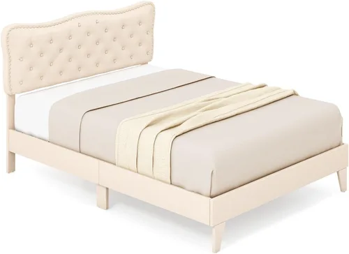 Vista 9 de Giantex Base de cama tamaño Queen color beige, plataforma tapizada de tela de lino con cabecera de clavos, base de colchón con botones y listones