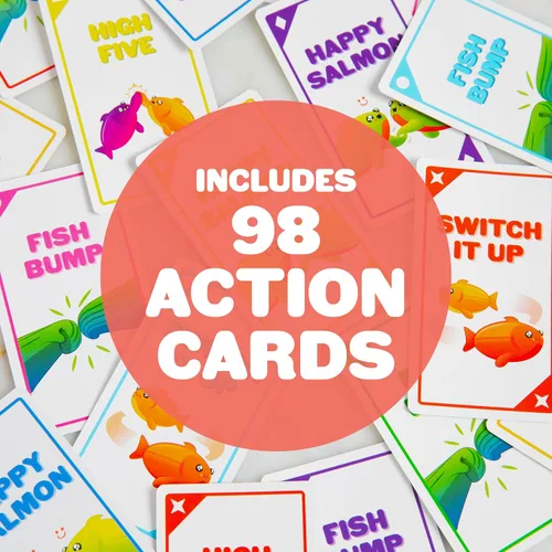 Vista 3 de Exploding Kittens Happy Salmon 3-8 Jugadores - Edades 6+ - Rondas de 90 Segundos - Juego de cartas fácil de aprender y de emparejar rápido - Juego