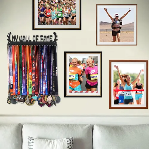 Vista 5 de Goutoports Estante de trofeos personalizado para medallas, estante de exhibición de medallas deportivas con madera, color de texto e imágenes