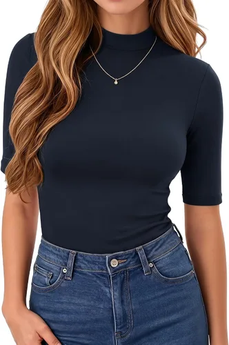 Vista 8 de MANGOPOP - Camiseta de cuello alto falso de manga 3/4 ajustada para mujer 03 Negro