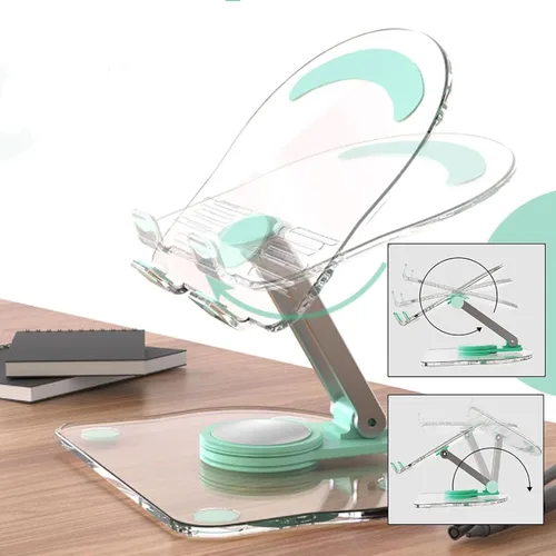 Vista 4 de Soporte acrílico para tablet con base giratoria de 360°, soporte plegable ajustable transparente para escritorio, oficina en casa, compatible