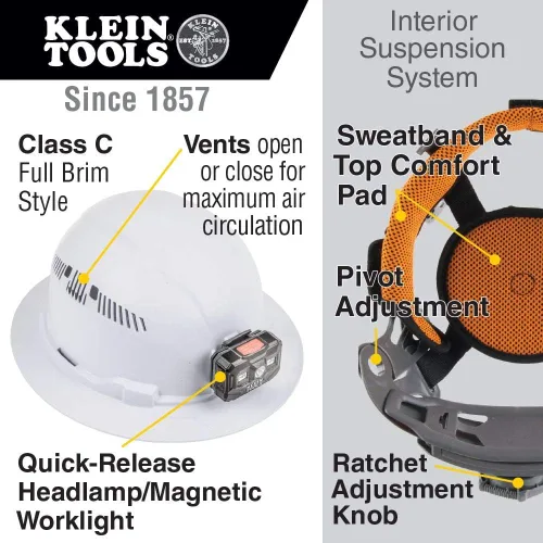 Vista 3 de Casco duro ventilado de ala completa con faro recargable blanco y casco duro 60347, ala completa ventilada, clase C, patrón KARBN premium, lámpara