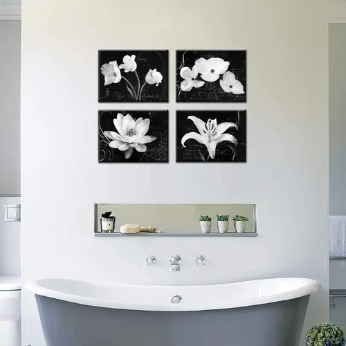 Vista 3 de Biuteawal - Impresiones en lienzo de flores, arte de magnolia lirio, pintura floral en blanco y negro, impresiones en lienzo para decoración