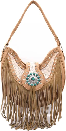 Vista 2 de Estilo occidental Fringe Conchos Gema Rhinestone tachonado tejido cuero bolso país bolso mujeres hombro cartera conjunto