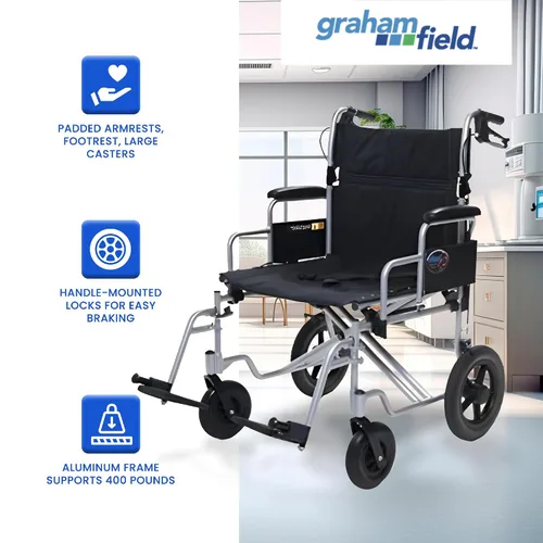 Vista 3 de Everest & Jennings - Silla de ruedas de transporte bariátrico, silla plegable extra ancha con asiento de 24 pulgadas para adultos y personas mayores