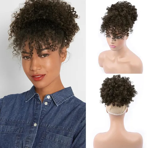 Vista 11 de Cola de caballo con cordón y flequillo, extensiones de cola de caballo afro para mujer, cola de caballo corta y rizada con flequillo con clip para 1b