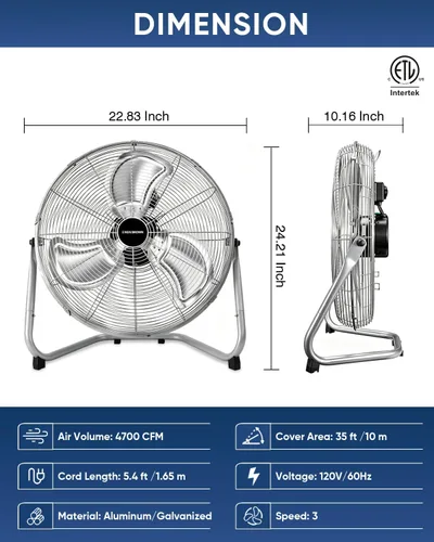 Vista 2 de KEN BROWN Ventilador de metal de 20 pulgadas, alta velocidad de 4700 CFM, inclinación ajustable de 360°, 3 velocidades, ventilador industrial