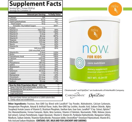 Vista 2 de RELIV Now for Kids Vanilla Batido nutricional con vitaminas esenciales, minerales, carbohidratos y proteínas para una energía duradera, 15 porciones