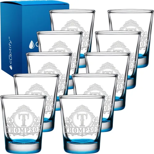 Vista 27 de Vaso de chupito personalizado con nombre de círculo elaborado de 2 onzas, parte inferior negra grabada con texto personalizado para regalos, bodas