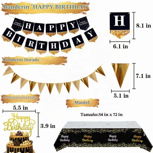 Vista 4 de Decoraciones de fiesta negras y doradas: pancarta de feliz cumpleaños, globos, mantel, cortinas, bolas de panal