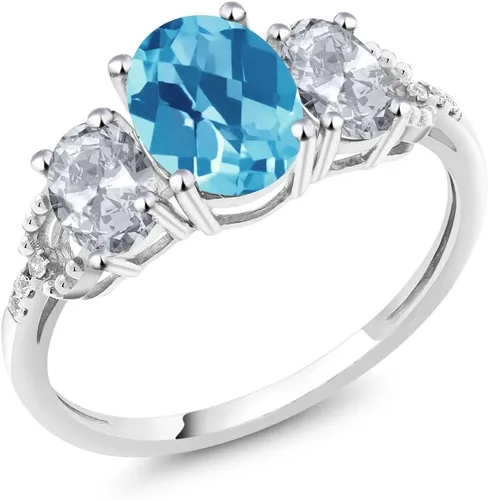 Vista 44 de Anillo de compromiso ovalado de oro blanco de 10 quilates con piedra natal y topacio blanco de 3 piedras con detalles de diamante Centro de 0.315