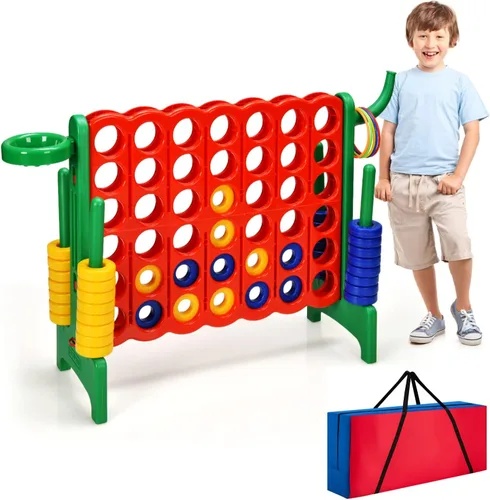 Vista 14 de HONEY JOY Juego gigante gigante de 4 a puntuación, 3 en 1 para interiores y exteriores, juego de patio familiar con aro de baloncesto y lanzamiento