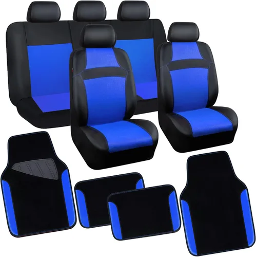 Vista 12 de CAR PASS Juego completo de fundas de asiento de automóvil de malla de aire 3D y 4 alfombrillas impermeables para piso de automóvil con esponja Gris