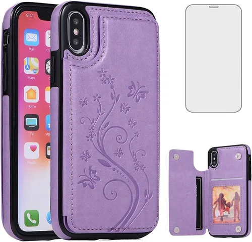 Vista 8 de Funda de teléfono para iPhone Xs X 10 10s con protector de pantalla de vidrio templado, tarjetero con soporte para tarjetero, funda de cuero