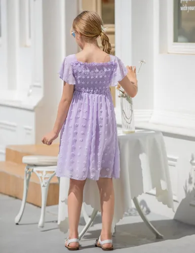 Vista 5 de Kids4ever 6-12T Vestido de gasa para niñas con pompones sólidos y volantes de manga corta con volantes y cuello cuadrado para niños