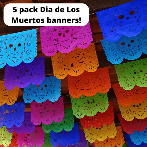 Vista 2 de Cartel de papel picado Dia de Los Muertos, guirnaldas de papel de seda del Día de los Muertos, decoraciones de fiesta mexicana, paquete de 5 83