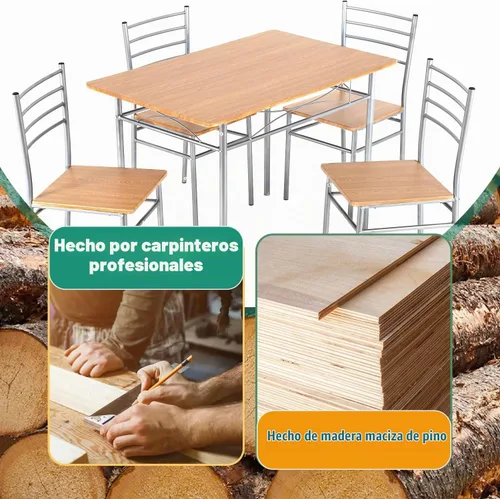 Vista 7 de Juego de mesa de comedor PayLessHere, mesa de madera y 4 sillas modernas con patas de metal, muebles rectangulares para el hogar