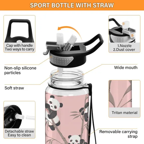 Vista 4 de Cute Animal Panda Peach Leakproof and BPA Free Sports Insulated Water Bottle with Straw Lid Vacuum Insulated for Travel, Camping, Sports 20 oz termo