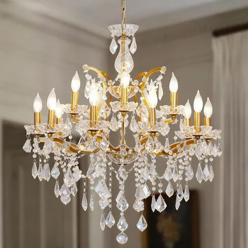 Vista 12 de Candelabros de cristal de bronce antiguo de lujo con lámpara colgante de vela, lámpara de techo de 6 luces de cristal dorado para comedor, sala