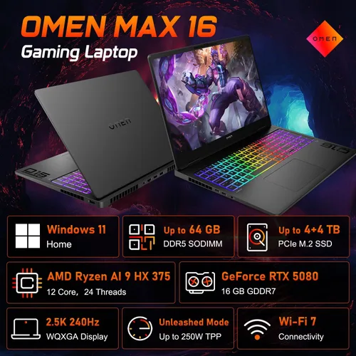 Vista 2 de Laptop para juegos HP OMEN 16 MAX RTX 5070 Ti AMD Ryzen AI 9 HX 375 240Hz