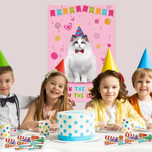 Vista 8 de Juego de fiesta de Hooqict Pin The Hat On The Cat para gatos, juegos de fiesta de cumpleaños de gato para niños, suministros de fiesta de cumpleaños