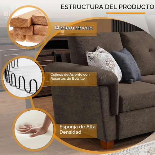 Vista 4 de Sofá Seccional Convertible con Almacenamiento, Sofá en Forma de L de 4 Asientos con Chaise y Portavasos, Sofás Modernos de Tela de Microfibra