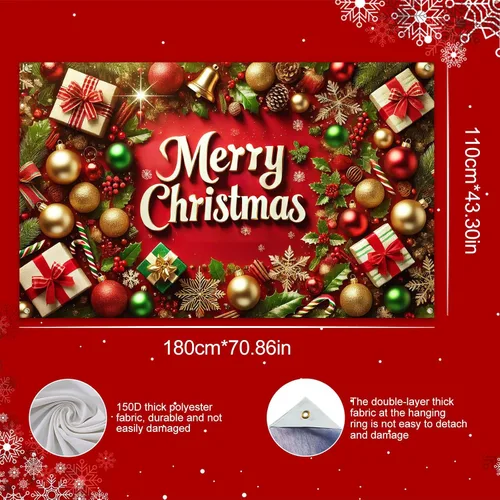 Vista 5 de BlissYard Cartel de Feliz Navidad de 71 x 43 pulgadas, fondo rojo y dorado, caja de regalo, fondo de fotografía, fondo de fotografía para interiores