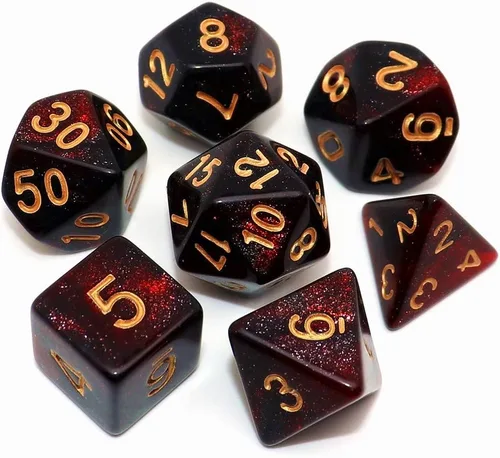 Vista 21 de Juego de dados poliédricos DND con brillo para juegos de rol de mazmorras y dragones (D&D) RPG, dados verdes mezclados con nebulosa negra