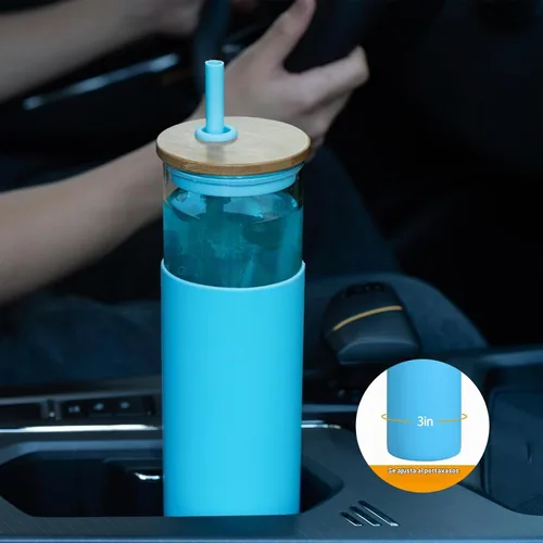 Vista 4 de Tronco Vaso de vidrio de 28 onzas con tapas y pajilla, taza reutilizable para café helado y vaso para batidos con tapa de bambú, funda de silicona