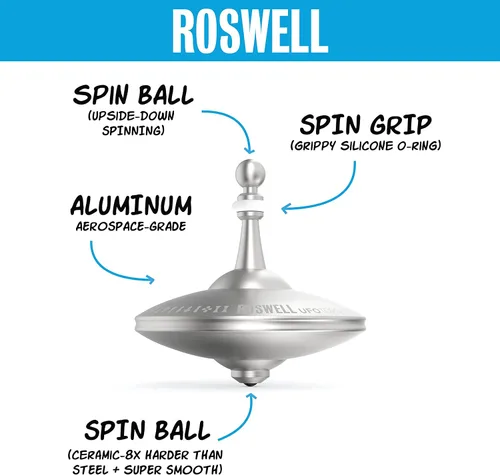 Vista 2 de trompos UFO – Trompo de metal. Juguete divertido para niños y adultos. Inspirado en el avistamiento OVNI documentado en 1947 en Roswell, Nuevo