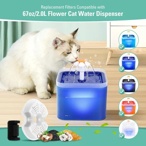 Vista 7 de Paquete de 4 filtros de repuesto y esponjas de bomba para dispensador de agua colorido para gatos de 67 oz/2 litros con luz LED, filtro de fuente