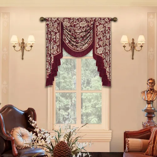 Vista 17 de Loom and Mill Cenefa de cascada de lujo de jacquard para sala de estar, elegantes cenefas de ventana con festones y cuentas damascadas, cortinas