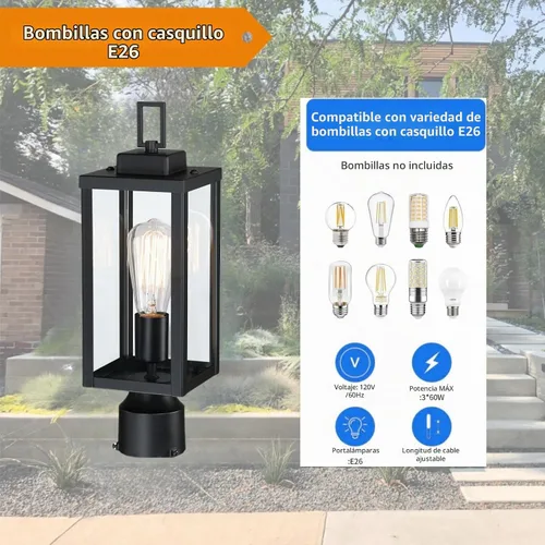 Vista 3 de WISBEAM Luz de poste para exteriores, linterna de poste, base E26 de 60 W máximo, carcasa de metal más vidrio, calificación ETL, bombillas