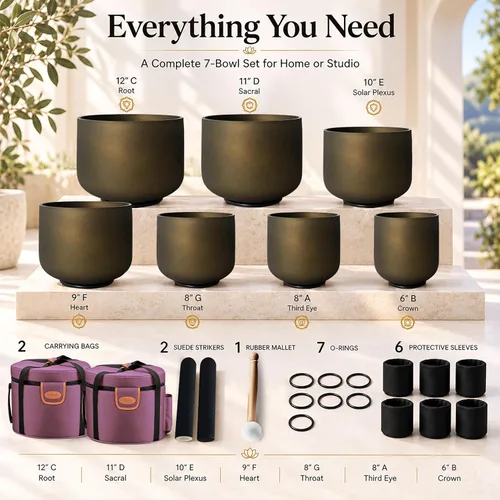 Vista 5 de Ryan Dvan Juego de 7 cuencos de cristal dorado negro de 432 Hz de 6 a 12 Negro con poder dorado