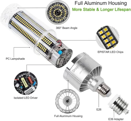 Vista 2 de DragonLight Bombilla LED de maíz de grado comercial de 120 W (reemplazo de haluro de metal de 400 vatios/HID/HPS) E26/E39 Lámpara LED de base
