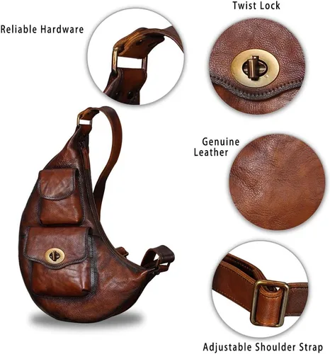 Vista 6 de Bolso bandolera grande de cuero genuino para hombres y mujeres, mochila vintage de cuero real, bolsa cruzada de hombro, bolsa de pecho