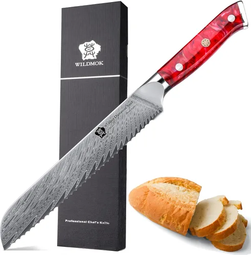 Vista 8 de WILDMOK Cuchillo de pan de acero dentado de Damasco, cuchillo de pan dentado de 8 pulgadas, mango ergonómico de resina de espiga completa, afilado
