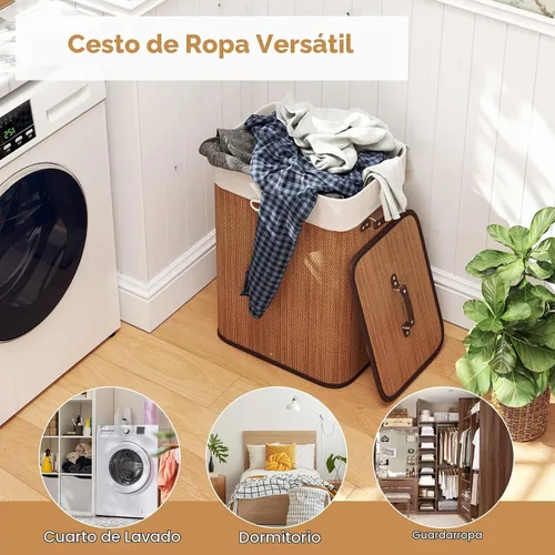 Vista 6 de Cesta de lavandería de bambú Giantex con tapa, cesta grande y alta de 72L para ropa con forro y asas extraíbles, cesta de lavandería rectangular