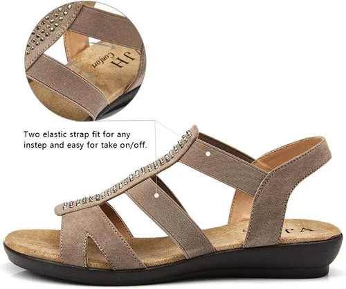 Vista 2 de VJH confort - Sandalias planas para mujer con diamantes de imitación, puntera abierta, elásticas, sin cordones, cómodas, informales, para caminar