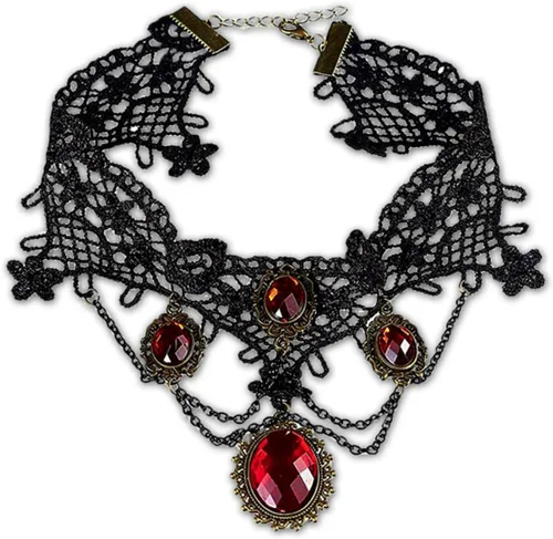 Vista 4 de Dare to Wear Disfraz de vampiro eterno: colmillos, gargantilla de rubí sintético y vestido renacentista gótico atemporal para mujer victoriana