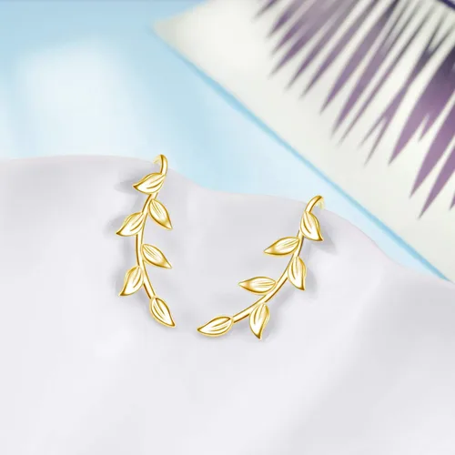 Vista 4 de Aretes de plata esterlina hipoalergénicos, estilo trepadores, con diseño de hojas, para mujeres y niñas