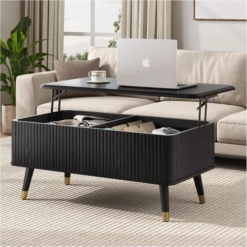 Vista 25 de JOINICE Mesa auxiliar ovalada de 42.5 pulgadas con almacenamiento, moderna mesa central negra con diseño estriado, patas de madera maciza
