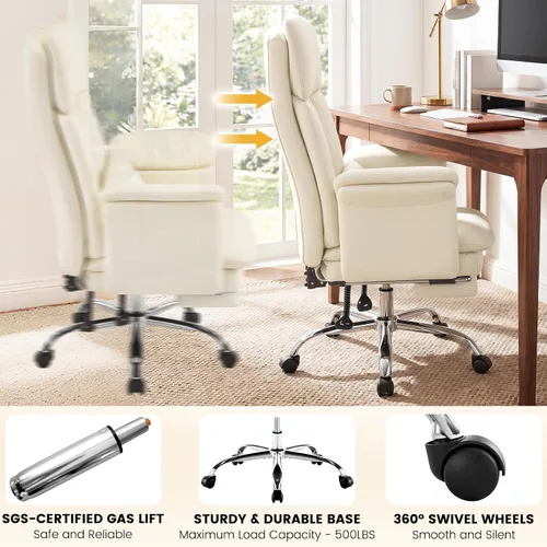 Vista 5 de Silla de oficina en casa con reposapiés, 400 libras, silla de escritorio con respaldo alto con soporte lumbar, reposabrazos suaves, sillas de Beige