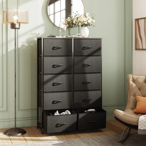 Vista 2 de WLIVE - Cómoda alta negra para dormitorio con 10 cajones, cómoda de dormitorio, muebles de cómoda para dormitorio, unidad organizadora