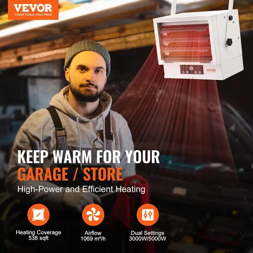 Vista 2 de VEVOR Calentador Eléctrico para Garaje de 5000W, Montaje Digital de Pared/Techo con Ventilador Forzado y Control Remoto, Temporizador de 9 Horas